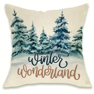 NEW CHRISTMAS DECOR WINTER WONDERLAND SNOWY TREES LINEN BLEND PILLOW COVER 18"